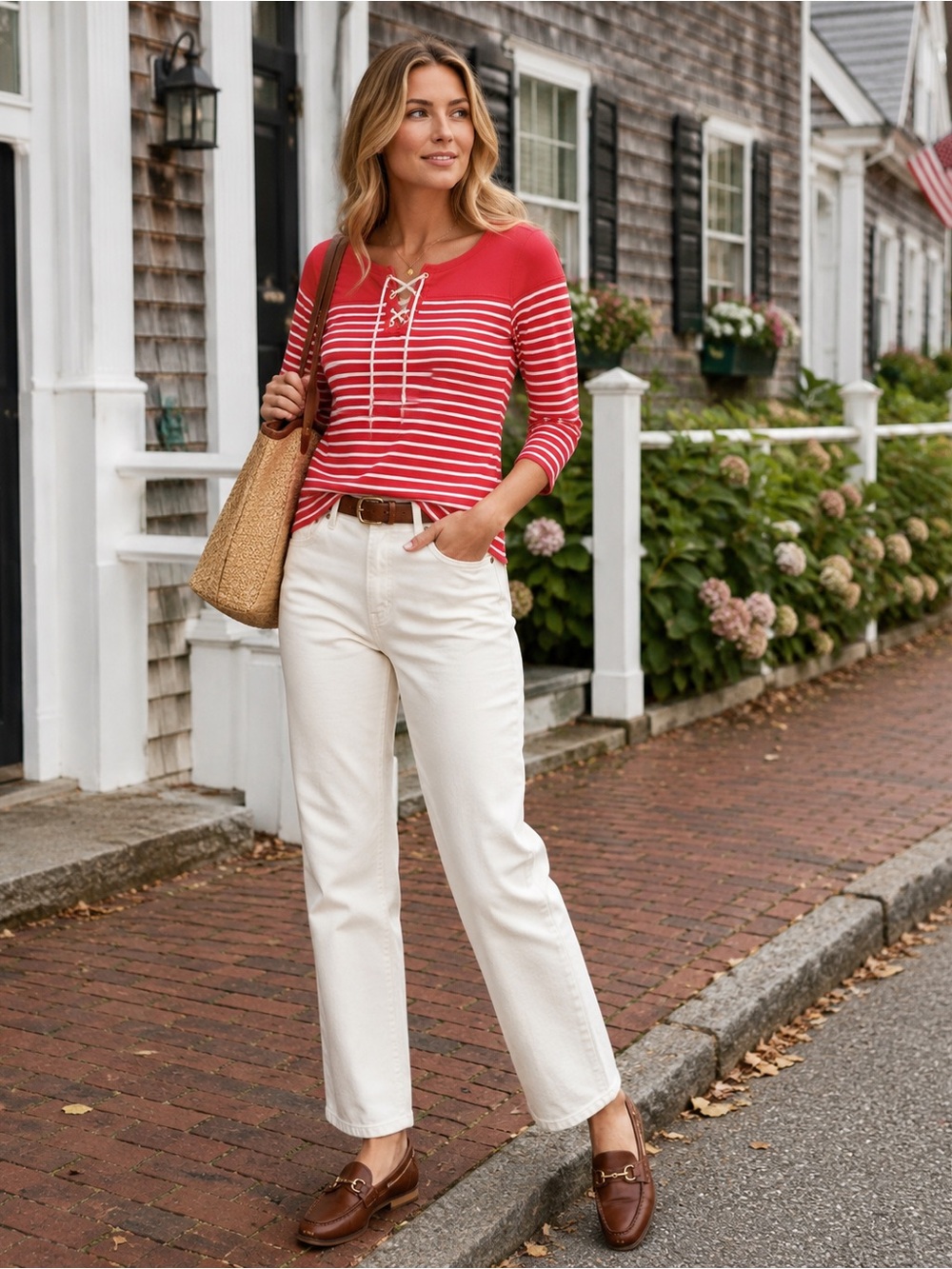 Lauren Ralph Lauren Red Stripe Lace Up Nautical Cotton Top Small